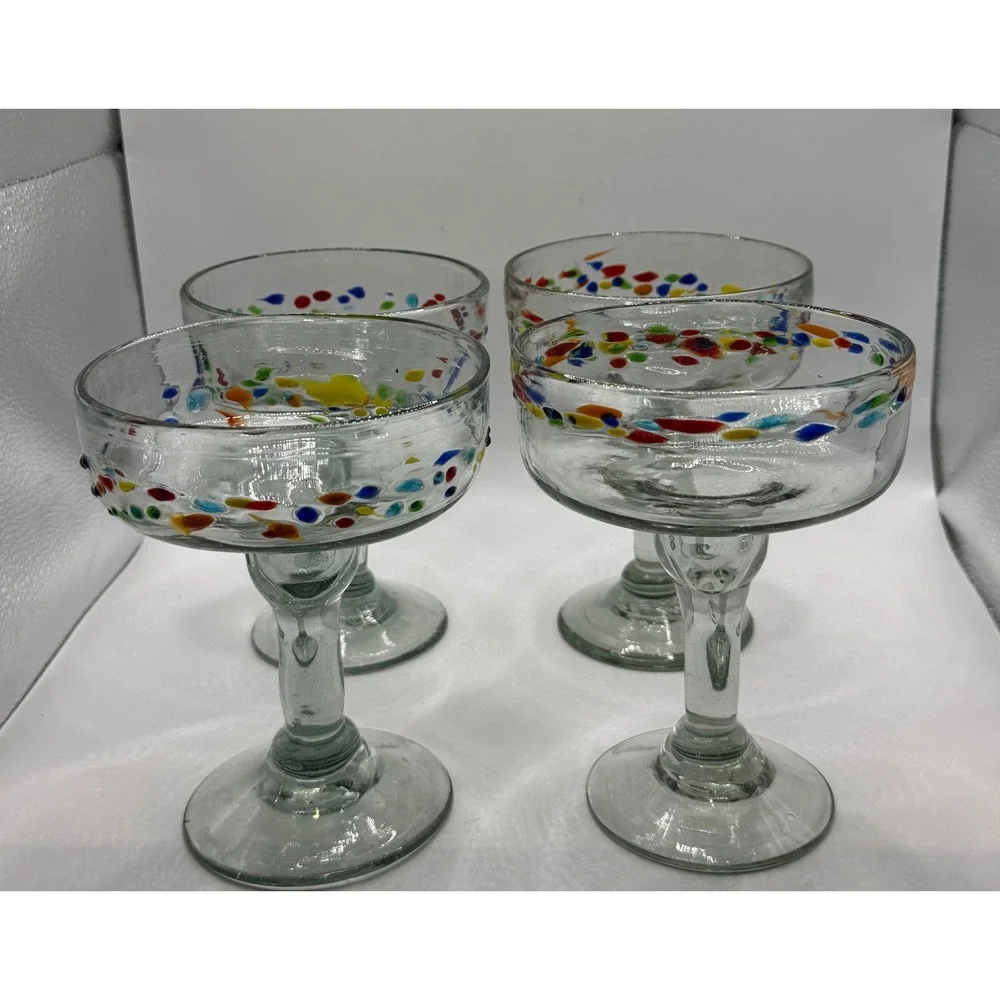 Mexican Hand Blown Margarita Glasses Confetti Pebble Multi Color Rim Set of 4